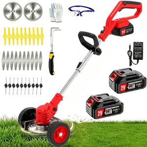 Cordless Weed Wacker Electric Eater Battery Powered 21V, 4 in 1 Lightweight Portable Stringless Weed Trimmer x 2 Battery Operated, Grass Trimmer/Brush Cutter/Lawn Edger with Wheels for Garden Yard