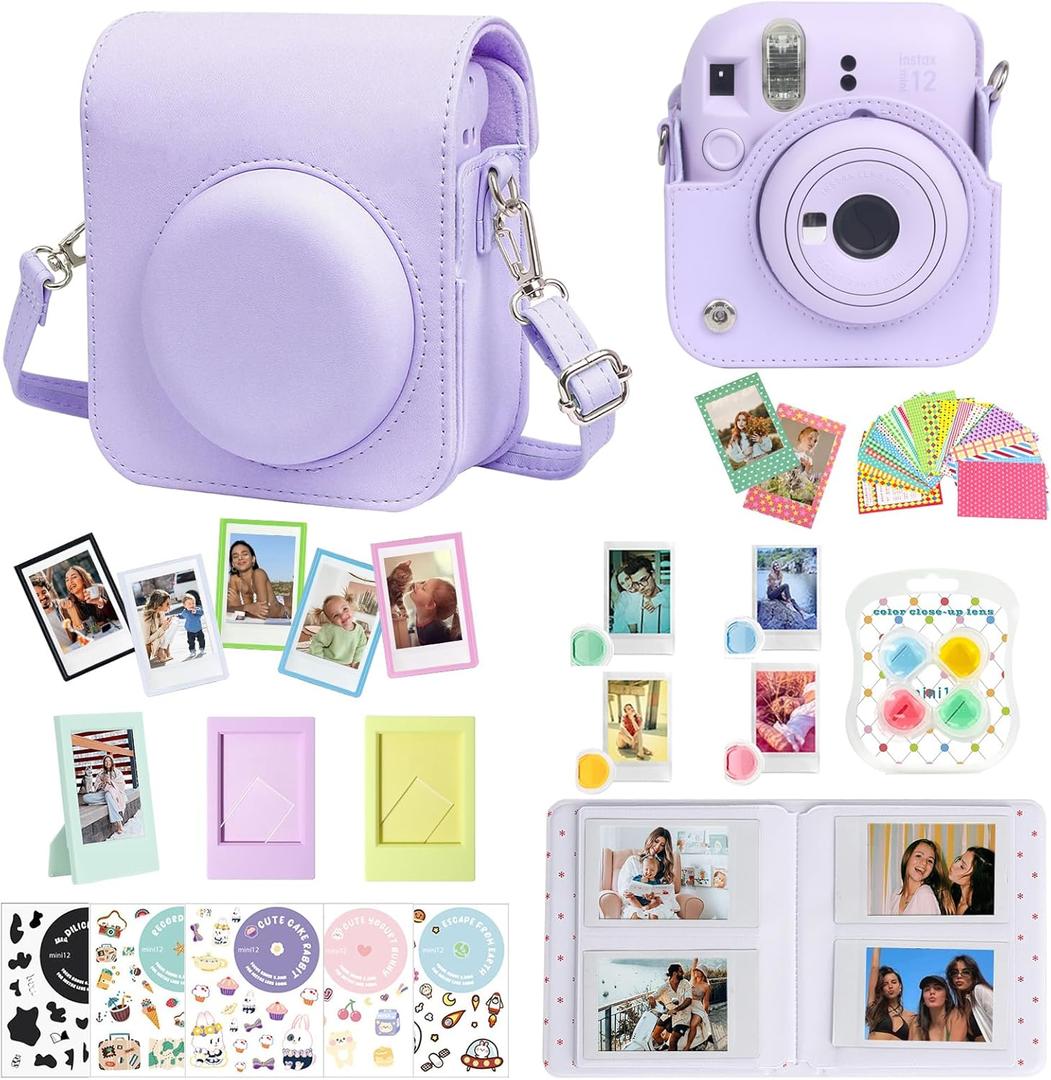 CAIYOULE Accessories for Fuji Instax Mini 12 Camera, Accessory Bundle Include PU Leather 12 Case, Mini Picture Album, Frames, DIY Stickers, Color Filter (No Camera) - Lilac Purple