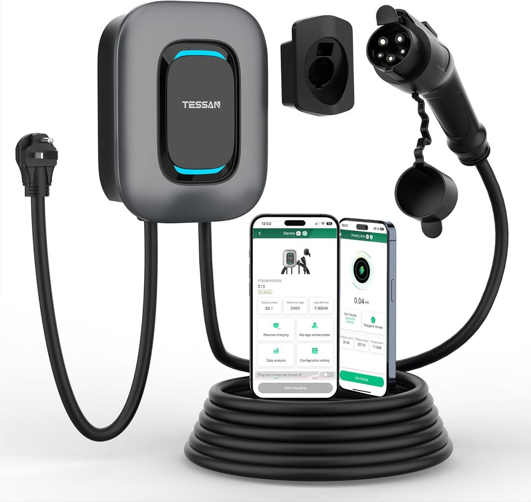 TESSAN EV Charger Level 2, 40A/240V Wall Mount Electric Vehicle Charing Station, Smart EV Chargers Equipment App Control Wi-Fi Only 2.4Ghz& Bluetooth 25ft Cable with Holder for Indoor Outdoor Home