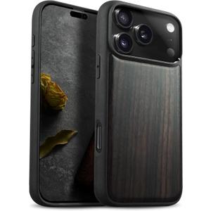 Carveit Magnetic Wooden Case for iPhone 17 Pro Case, Wood Artisan Engraved & Black Soft TPU Shockproof Cover, Compatible with MagSafe Wireless Chargers (Natural Grain) Blackwood