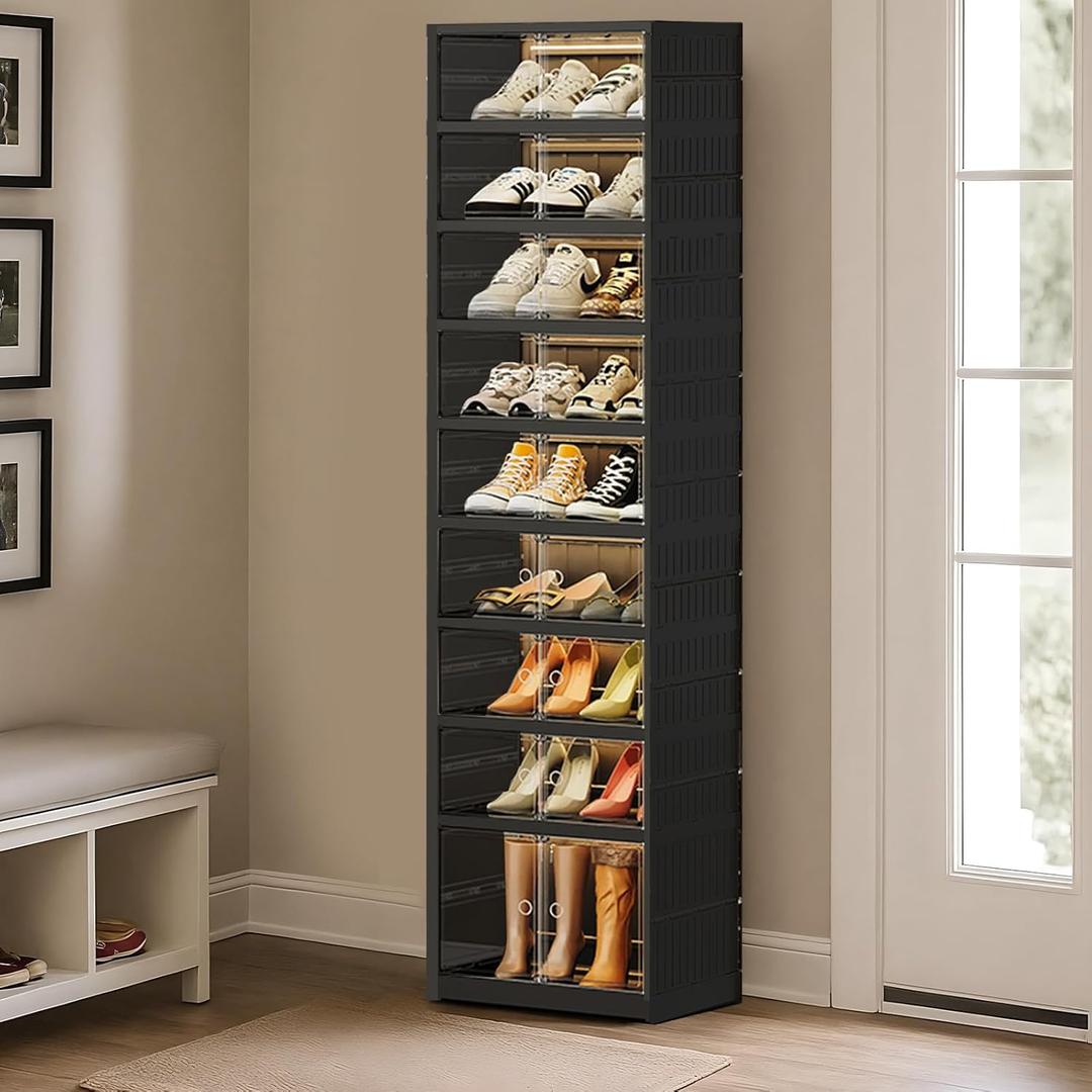 SYNCVIBE Foldable Shoe Rack Organizer, 9-Tier, 18 Pairs, 17.3" Wide, Black