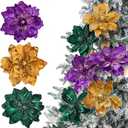 6 Pcs 8'' Mardi Gras Flowers Mardi Gras Throws Purple Beaded Magnolia Velvet Flower Purple Green Gold Floral Table Decorations Velvet Centerpieces for Carnival Party Supplies DIY Decor