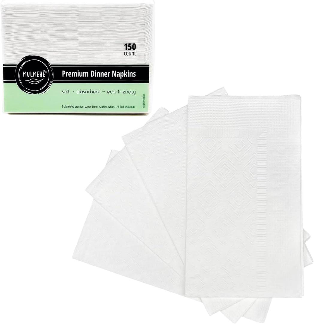 MULMEH Premium 2-Ply 1/8 Fold Dinner Napkin for Restaurants, Catering, Home, and Events, 15x16", White, 150 Pack