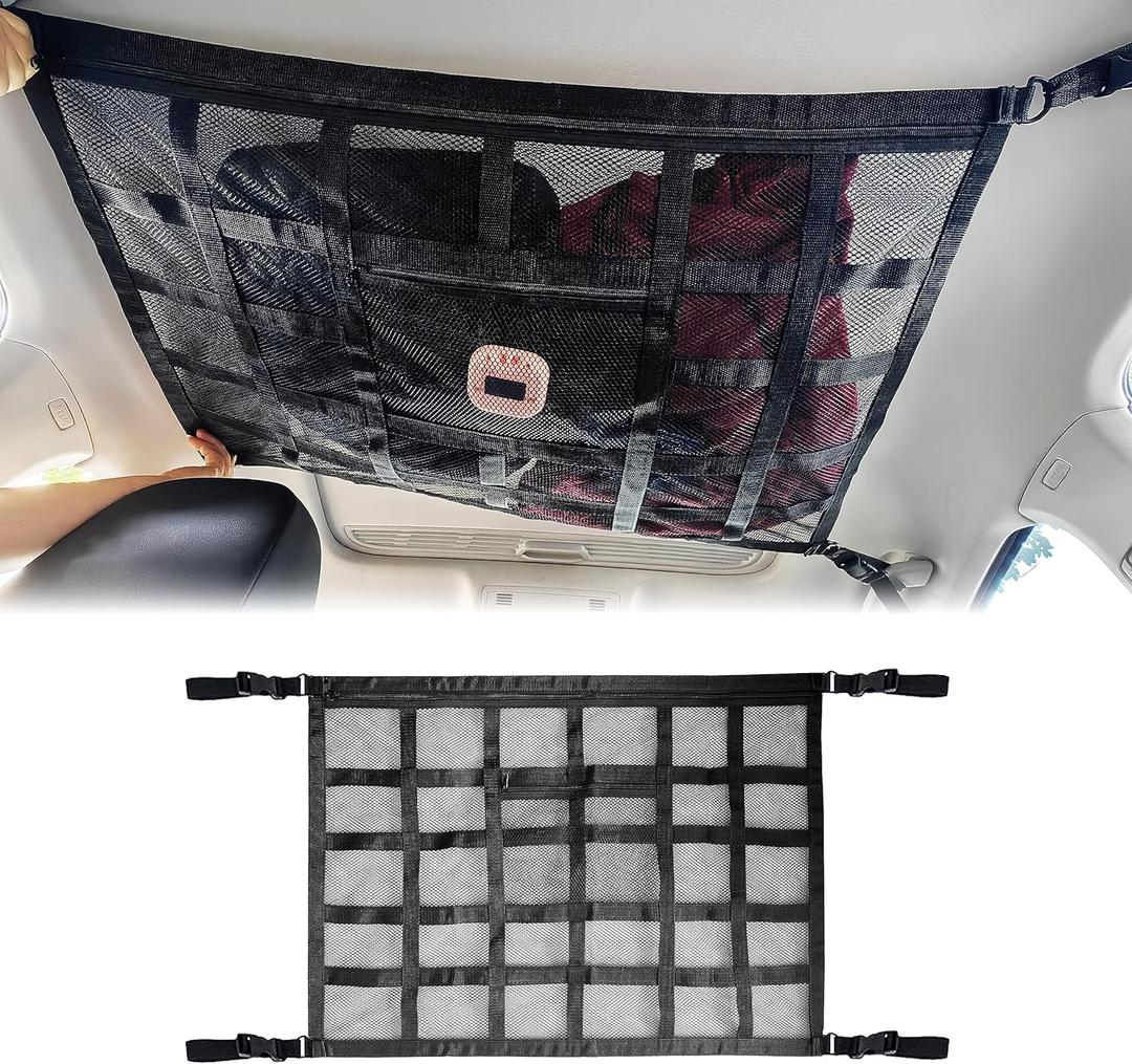 Car Ceiling Cargo Net Pocket, 31.5"x21.6" Double-Layer Mesh Car Roof Storage Organizer,Strengthen Load-Bearing and Droop Less,for Truck SUV Travel Long Road Trip Camping Interior Accessories