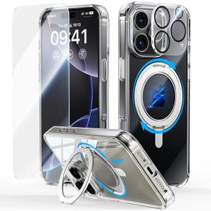 JUESHITUO 3 in 1 for iPhone 16 Pro Case, [Non-Yellowing] 360 Rotatable Magnetic Ring Stand with [1X Screen Protector + 1X Camera Lens Protector], 6.3" iPhone 16 pro case Clear