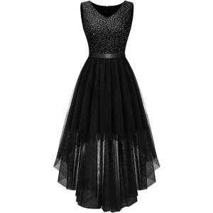 BeryLove Long Sequin Dress for Woman High Low Vintage A Line Wedding Formal Swing Mesh Dress S003 Black S