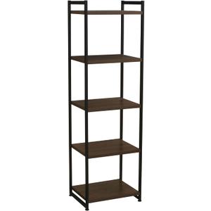 Household Essentials Jamestown Narrow 5 Shelf Open Storage Bookshelf Mid Century Walnut Wood Grain and Black Metal
