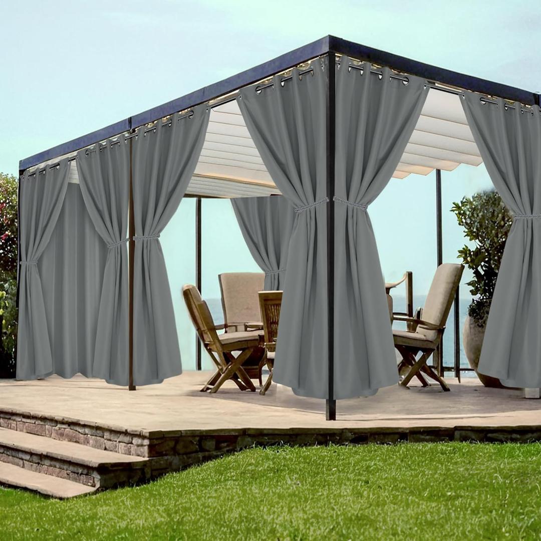 HolidayIdeas Grommet Top Outdoor Curtains for Patio Waterproof 8 Pcs All Weather Balcony Outside Curtain Panels for Apartments, Gazebo, Pergolas, Porch, 54x85 Inch, Grey