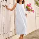 LOMON Summer Dresses for Women Cotton Casual Maxi Dress Beach Vacation Long Sundresses Plaid Striped with Pockets