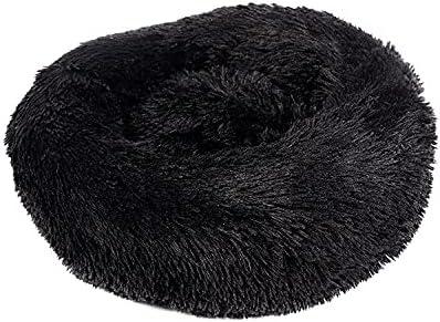 Plush Donut Pet Bed, Round Fluffy Calming Dog Cat Bed, Pink Shaggy Faux Fur, Comfortable Cushion for Small Medium Pets (Black, Diameter 50cm)