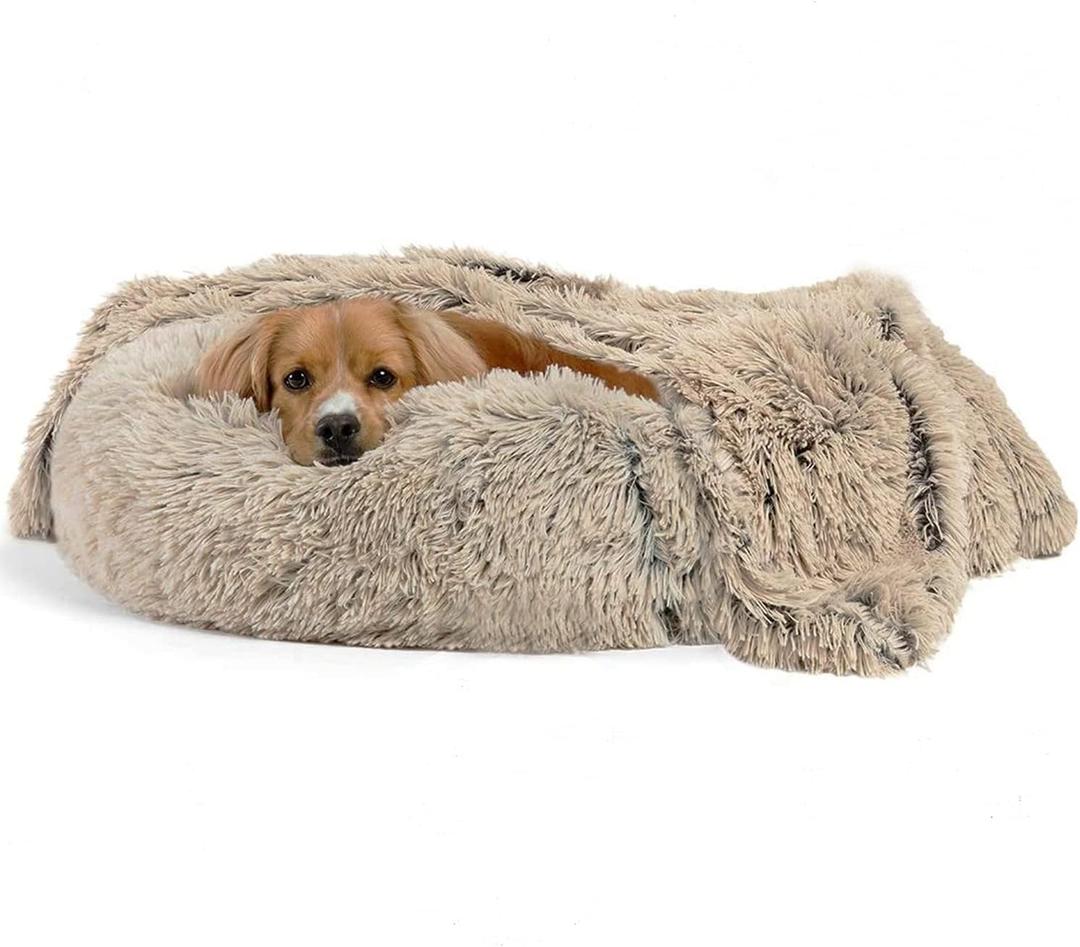 Round Pet Bed, Plush Soft Washable Self-Warming Calming Dog Bed Donut Cuddler Round Dog Bed Comfortable for Sleeping Winter(Beige,80cm)
