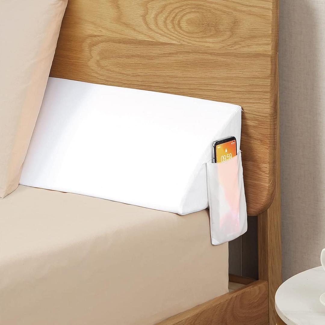 Vekkia Bed Wedge Pillow for Headboard High-Density Foam Fills Gaps (0-5.5") Between Mattress and Headboard, Wedge Pillow with Pockets for Phone & Remotes, Washable Cover King Size (White)