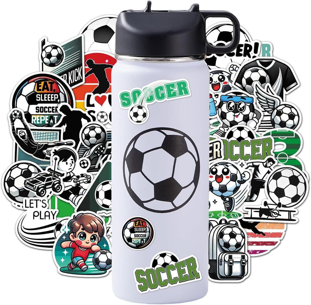 Soccer Water Bottles for Boys 18 oz and 100 PCS Soccer Stickers Sports Insulated Stainless Steel Water Bottle Accessories Stuff Gear Gifts For 8-12 12-14 Player