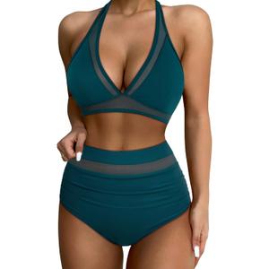 SUUKSESS Women Sexy High Waisted Bikini Sets Mesh Tummy Control Two Piece Swimsuits Halter Push Up Bathing Suits（Royal Blue, S