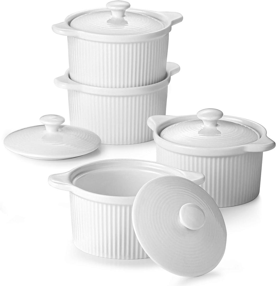 DOWAN 7 oz Ramekins with Lids Oven Safe, Creme Brulee Ramekins with Cover and Handle, Stackable Ceramic Bowls for Baking, Pudding, Dipping, Souffle Dish, Set of 4, White