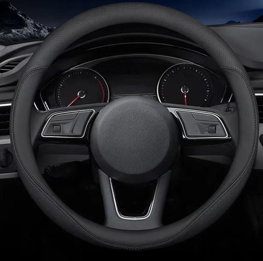 Carodi Latest Nappa Leather car Steering Wheel Cover, Stylish Non-Slip Leather car Interior 15 inches Universal（Black）