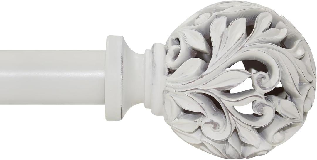 Heavy Duty Curtain Rod 18 to 64 inches (1.5-5.55 ft)1-Inch Diameter Adjustable Drapery Rod with Decorative Openwork Carved Leaf Finials, Weathered White Curtain Rods for Living Room & Bedroom