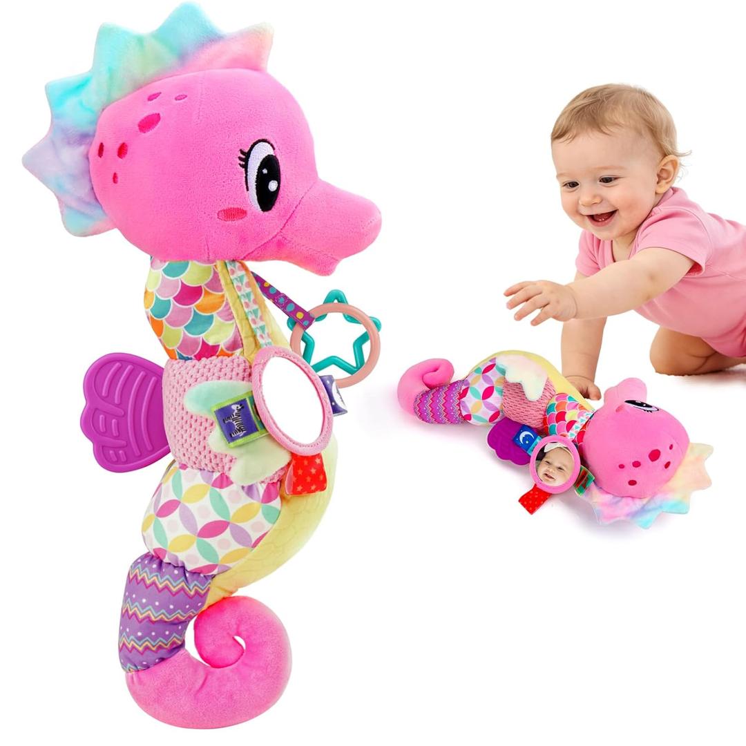 Baby Girl Toys 0-6 Months Musical Seahorse Stuffed Animal Tummy Time Toys for Infant 3-6 6-12 Months with Baby Mirror Sensory Newborn Crinkle Developmental Pink Toy Birthday Shower Gifts 0-3 4 5 Month