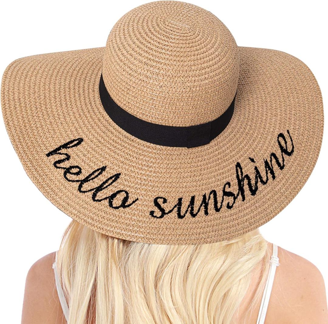 Double Couple Womens Straw Hat Wide Brim Floppy Beach Sun Hat for Women UPF 50+ Adjustable Strap Vacation (Medium, Hello Sunshine&khaki)