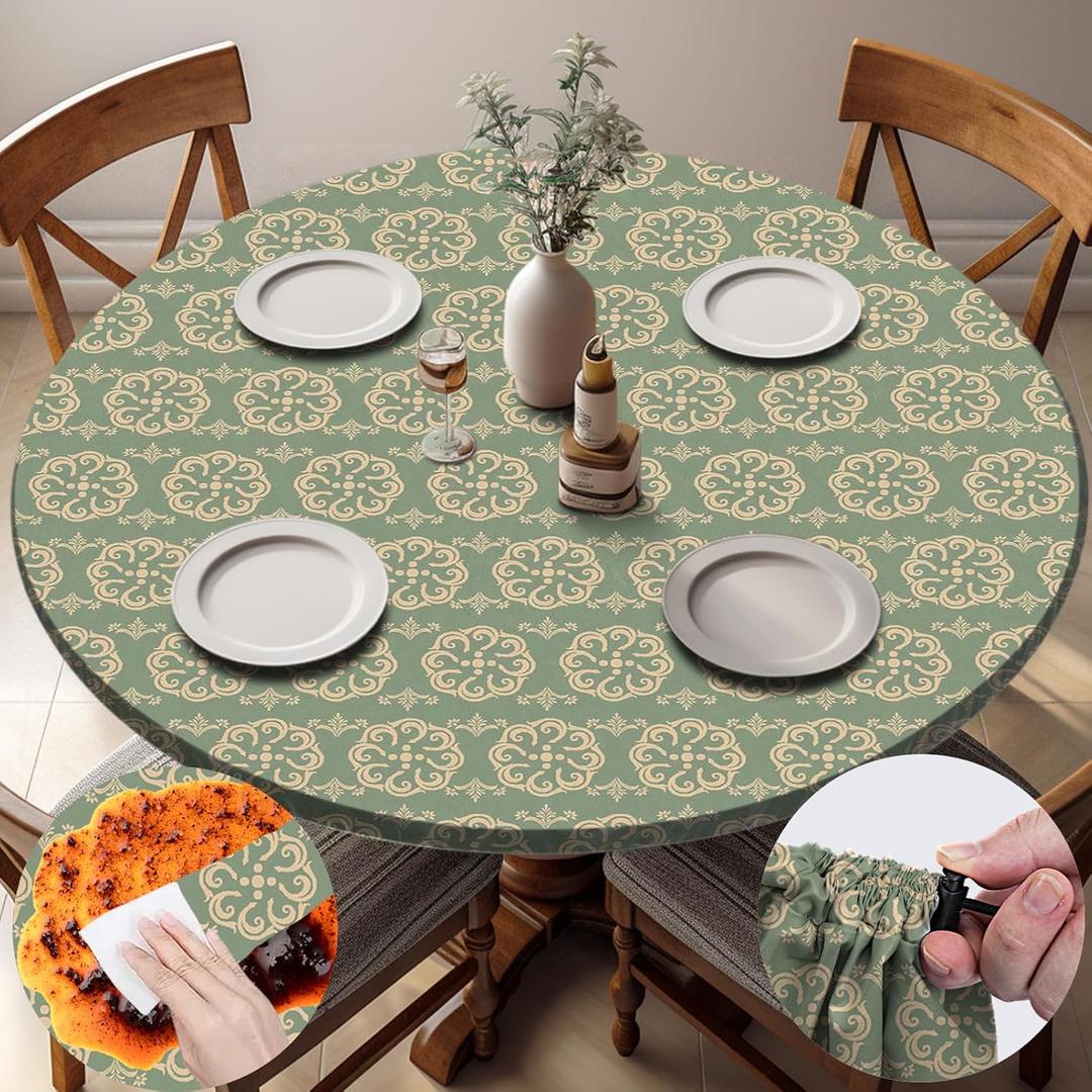 Fitted Round Tablecloth Wipeable Table Cloths Vinyl Indoor Outdoor Circle Covers for 36-44inch Table Dining Living Room Home Must Haves Gifts Summer Fall Patio Picnic Camping Garden Stuff