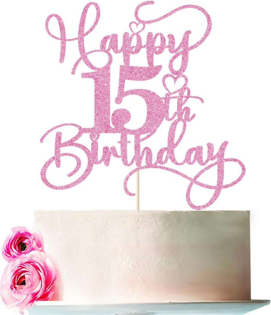 Pink Happy 15th Birthday Cake Topper 1pcs Glitter Cake Topper for fifteen Birthday/Anniversary Theme Party Cake Decorations Supplies