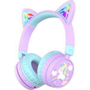 iClever Kids Bluetooth Headphones, Light Up Cat Ear, Safe Volume 74/85dBA,60H Playtime,Bluetooth 5.3,USB C Charging,Wireless Kids Headphones AUX Cord for iPad School Travel, Meow Cookies-Purple/Green