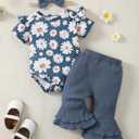SUNNY PIGGY Baby Girl Clothes Newborn Outfits Ruffle Floral Romper Flared Pants 3Pcs for Infant 0 3 6 9 12 18 24 Months (Blue)