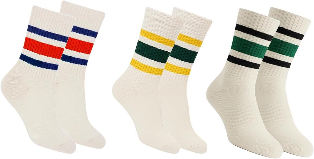 Retro Striped Crew Socks Sport Socks,Casual Cotton Stretchy Socks, with Seamless Toe for Men and Women Multicolor (White)