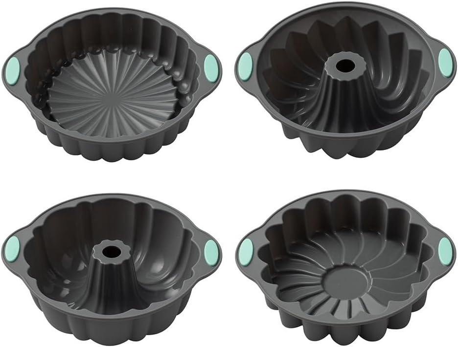 4 Pack Silicone Fluted Pans, Non-stick Baking Molds Silicone Cake Molds Round Baking Pans, Fluted Tube Pan Baking Mold for Homemade Cake, Bread and Jello