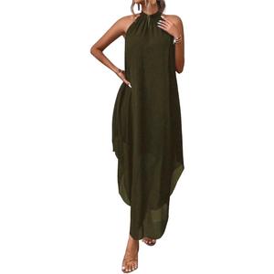 SKAYS Women's Elegant Halter Neck Dress High End Sleeveless Cocktail Party Dress Summer Flowy Wedding Guest Long Dress (Green, M)