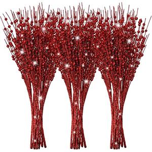 Jutom 12 Pieces Christmas Artificial Glitter Berry Stems 15.7" Holly Berry Picks Ornaments Fake Christmas Tree Pick Sticks Decorations Glitter Twig Branches Gift for Vase Home Wedding Holiday(Red)
