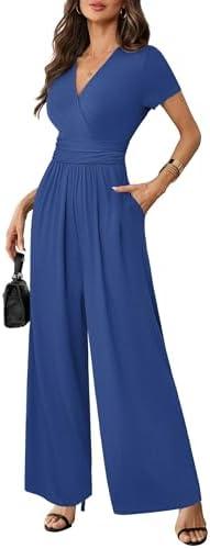 LOOKBOHO Women Dressy Casual Jumpsuits Elegant High Waist Side Ruched Romper Summer Short Sleeves Wide Leg Pants M
