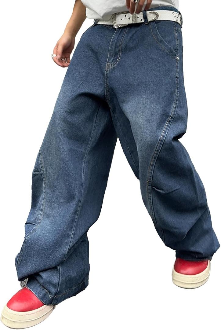 DFGIGT Men's Irregular Sutures Y2k Hip Hop Baggy Jeans Wide Leg Denim Pants Casual Loose Fit Trousers Streetwear (Blue,M)