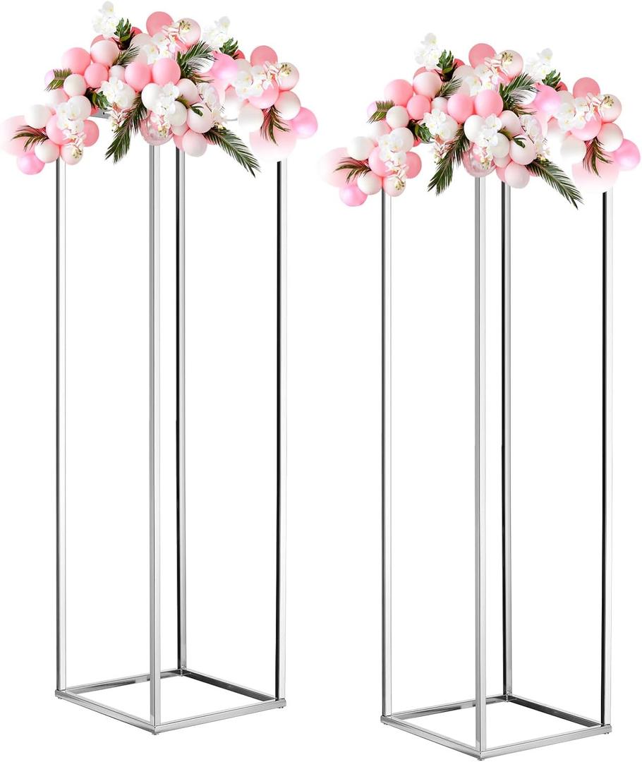 MECCANIXITY Wedding Flower Stand Vase Column, Metal Flower Stand 31.5 Inch Tall Flower Rack Silver Tone for Wedding Party Dinner Centerpiece Decorations, Pack of 2