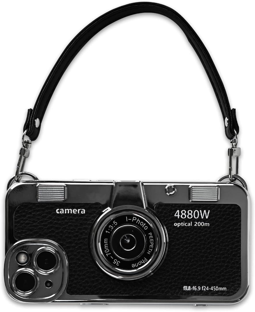 Classic Emily in Paris Phone Case,2023 New Vintage Camera Design Case That Looks Like a Camera,for iPhone 14 Camera Phone Leather Bracelet Sling Cover case (Black, for iPhone 15 Plus)