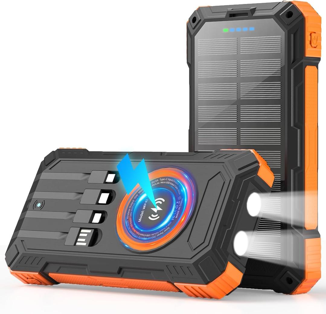Solar Charger Power Bank 49800mAh Wireless Portable Phone Charger, 22.5W QC3.0 Fast Charging Built in 4 Cables with USB C 6 Outputs & 2 Inputs for All Cell Phone (Orange)