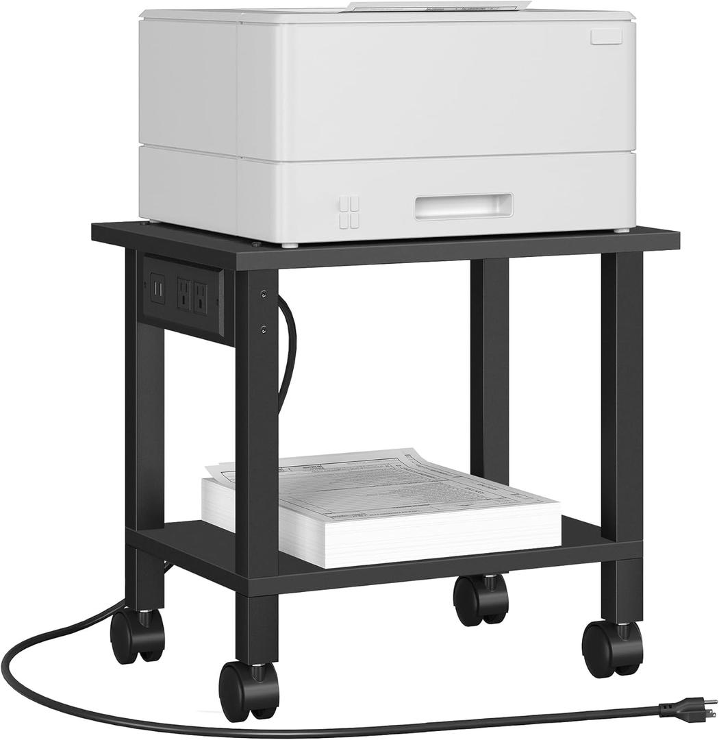 TUTOTAK 2 Tier Printer Stand, Rolling Printer Cart with Power Outlets and USB Ports, Mobile Printer Table with Wheels, for Under Desk, Office, Home, Black PS01BK001 (2 tier(15.7 x 11.8 x 15.4inchs))
