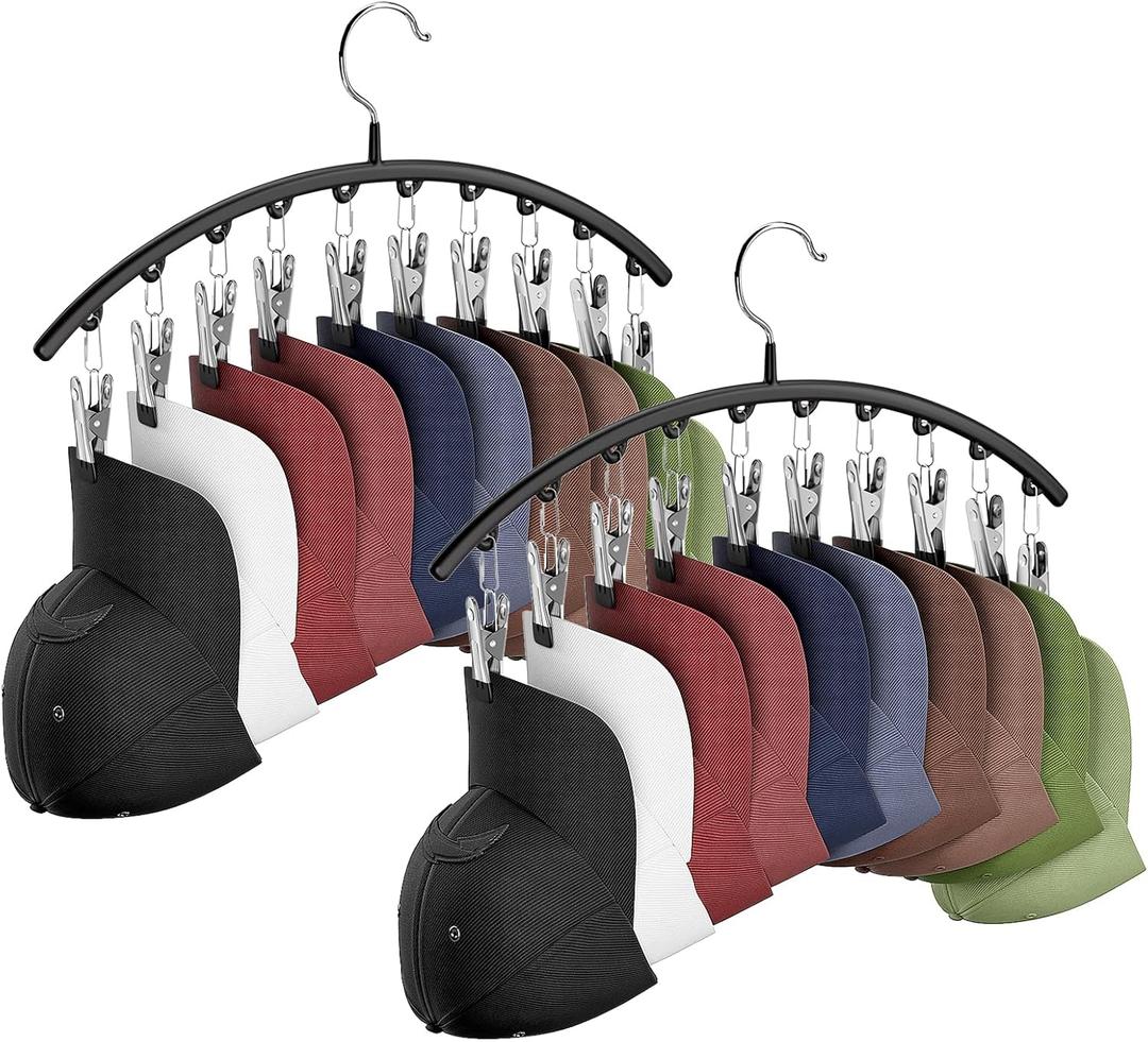 Hat Hangers for Closet, Metal 2 Pack Hat Organizer Holder for Hanger Closet Display, Hat Racks for Baseball Caps w/10 Clips, Hat Holder for Ball Caps & Accessories, for Men Women, Black