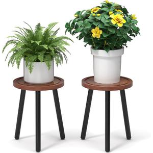 2-Pack Wood Plant Stands Indoor, 16.7" Tall Plant Stand Outdoor Mid-Century Plant Stool, Single Plant Table Modern Small Round Side/End Table for Living Room, Balcony, Office(Brown) (Brown Tray with Black Legs-2Pack)