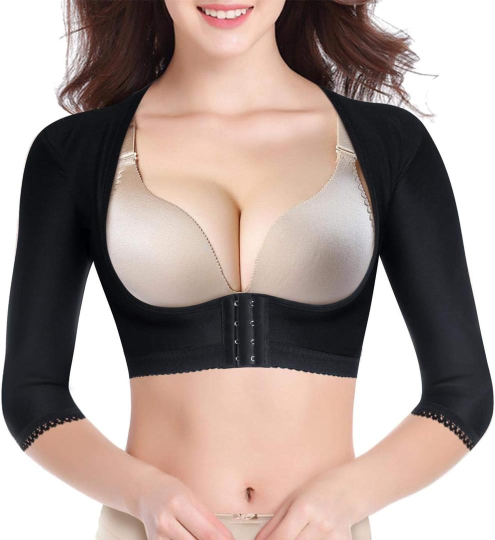 BRABIC Upper Arm Shaper Post Surgical Slimmer Compression Sleeves Posture Corrector Tops Shapewear for Women (X-Large, Black Half Sleeve)