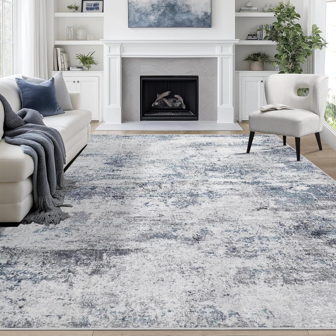 9x12 Area Rugs for Living Room Washable: Abstract Large Rug for Dining Room Bedroom Carpet Non Slip 9 by 12 Indoor Modern Nursery Home Office Blue Grey
