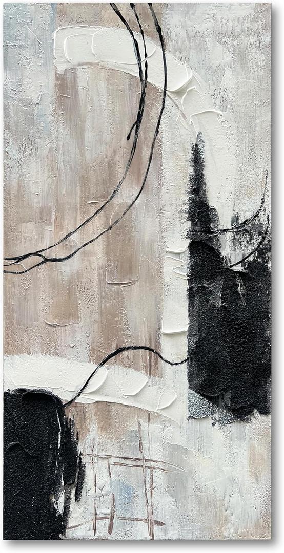 Art Hand-Painted Black and White Abstract Texture Art Oil Painting Canvas Frame Wall Art Modern Large Size Home Wall Decoration 47x23 Inch
