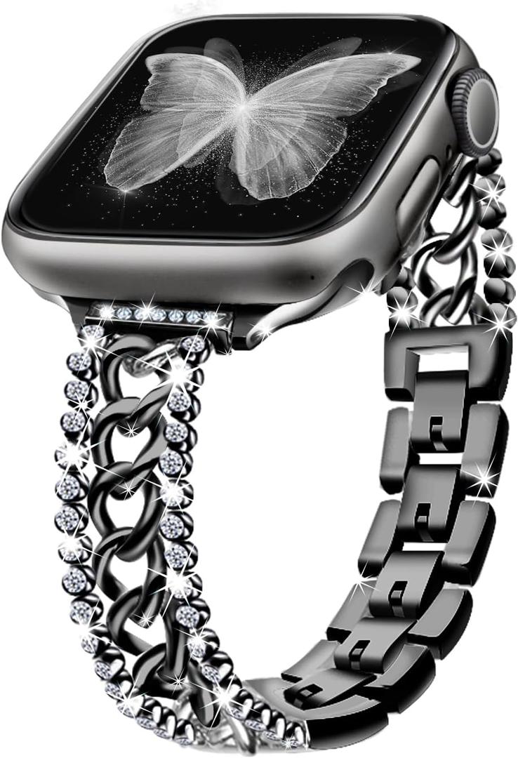 Bling Chain Bands Compatible with Apple Watch Series 8 Band 41mm 40 mm 38mm, Women Luxury Dressy Glitter Diamond Rhinestone Stainless Steel Metal Bracelet for Iwatch Series 7/6/5/4/3/2/1/SE (Black)