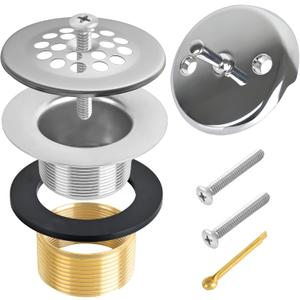 Trip Lever Bath Tub Drain Kit, Universal for 1-1/2" and 1-3/8" Bathtub Drain Replacement, No Putty Installation Bathtub Drain Set with Trip Lever Overflow Faceplate and Strainer, Tub Trim Kit (Chrome Plated)
