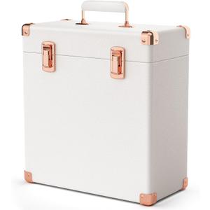 Vinyl Record Storage Box, Waterproof and Dustproof PU Leather Record Crate, Holds 45 LPs with Velvet Lining, Portable Vinyls Records Album Storage Boxes, Metal Corner Durable Vinyl Record Box (White)