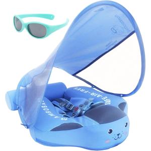 Mambobaby Float with Canopy and Tail New Upgraded Non-Inflatable Baby Pool Float Mambo Float Swim Trainer Solid Infant Swim Float Adjustable Pearl Foam Baby Swim Ring (blue cloth)