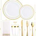 FOCUSLINE 175 Count Gold Dinnerware Set for 25 Guests - Gold Rimmed White Disposable Plastic Plates Heavy Duty, Includes 25 Dinner & Salad Plates, Cups, Cutlery Set for Wedding Parties