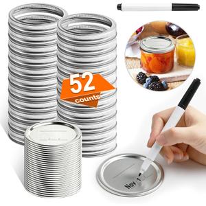 52 PCS Mason Jar Lids and Rings Wide Mouth, Reusable Large Canning Lids for Mason Jars, Food Grade Material Fit & Airtight, Lids for Mason Jars Complimentary whiteboard marker