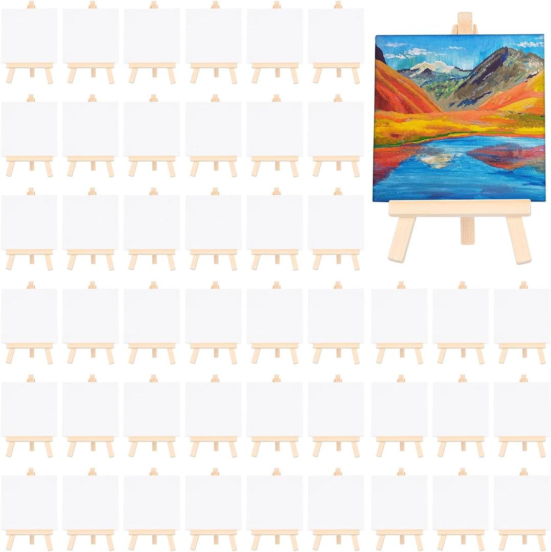 80 Pcs Mini Canvas and Easel Set for Painting Canvas Panels with Wooden Easels for Oil Acrylic Painting Valentine's Mother's Day Birthday Party Favors(4 x 4 Inch)