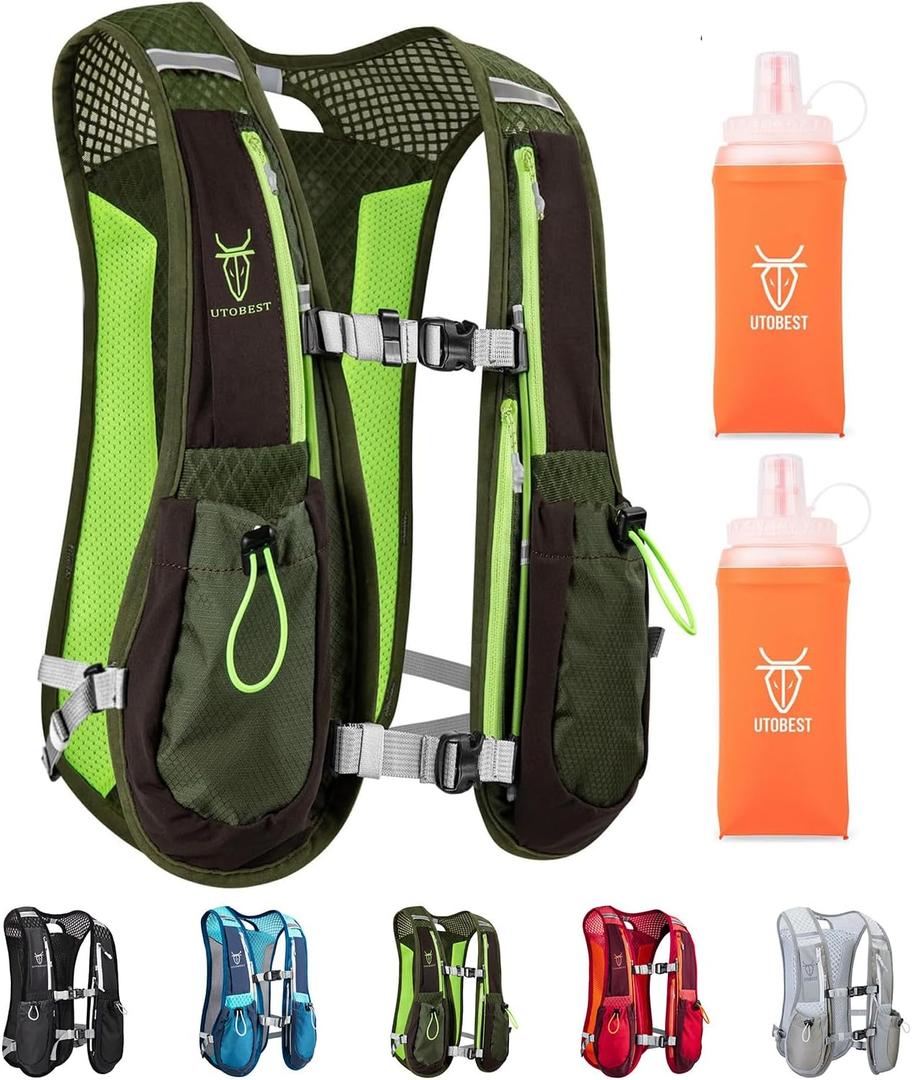 UTOBEST Running Vest, 5L Hydration Vest Lightweight, Breathable and Sweatproof Running Backpack, Adjustable Running Hydration Vest for Trail Running Marathon Race Jogging Cycling (Green Vest 5L with 2 x Soft Flask)